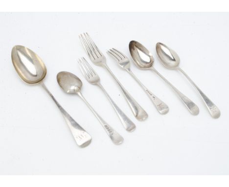 A harlequin George III and later part canteen of silver Old English pattern cutlery, most engraved with family crest of bulls