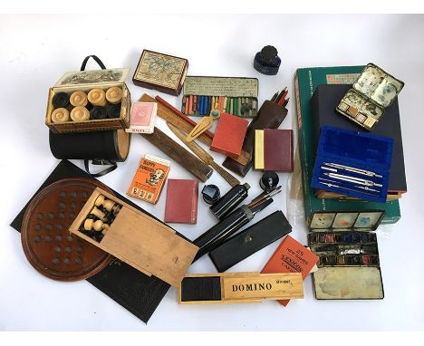 A mixed box of mainly vintage cards, scrabble, a pair of binoculars, paintbrushes and watercolour sets, dominos, Jaques happy