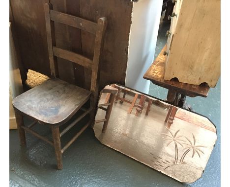 A bar back child's oak chair, together with a vintage wall mirror etched with palm trees