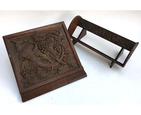 An early 20th century carved table top book shelf and wall hanging magazine rack (2)