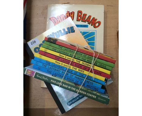 Nine adult Ladybird books, including 'How it works: the husband', together with Dandy and Beano the First 50 Years, Enid Blig