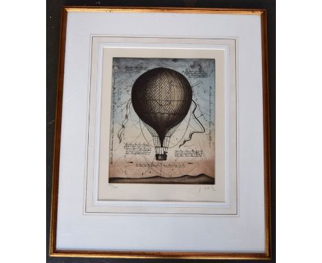 A coloured print of a hot air balloon, numbered 82/200, signed in pencil lower right, 40x32cm