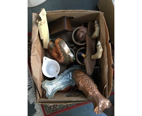 A mixed lot of vintage items to include a coat hook made from deer slots, ethnic carving, studio pottery, and copper fish mou