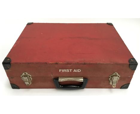 A vintage First Aid wooden suitcase in red linen, 36x49x15cm