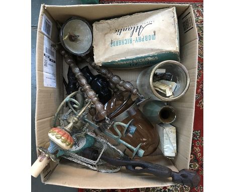 A mixed lot of items to include studio pottery, candelabra, wine rack, glass chandelier, ethnic carving, and a vintage Morphy