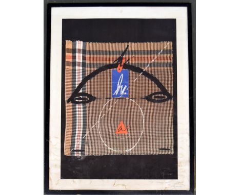 A print of checked cloth painted with stylized face, signed indistinctly lower right and numbered 50/100, inscribed 'To Maris