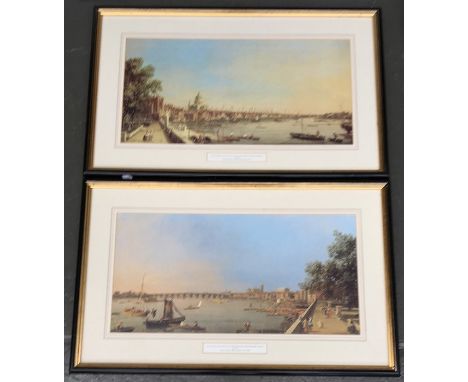 After Canaletto, two framed print of the Thames and the City of London, 30x59cm