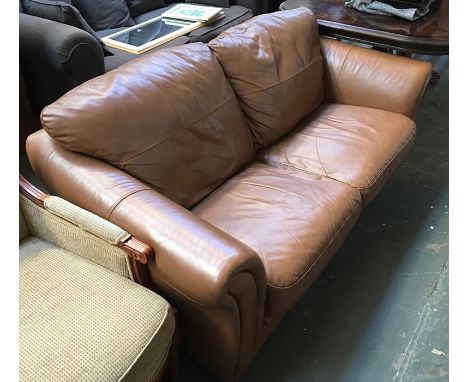 A Laura Ashley two seater brown leather sofa