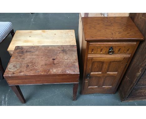 A mahogany commode with ceramic liner, together with a bedside table comprising single drawer over cupboard door