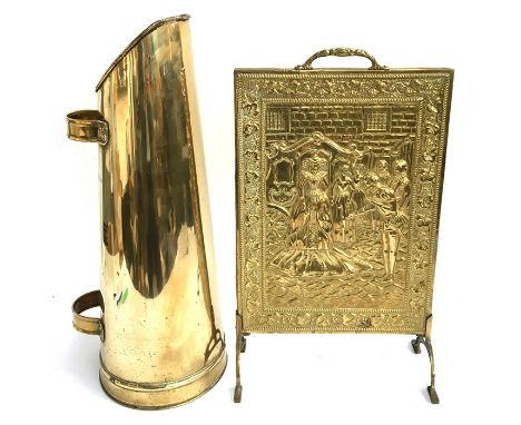 A brass coal scuttle and fire screen