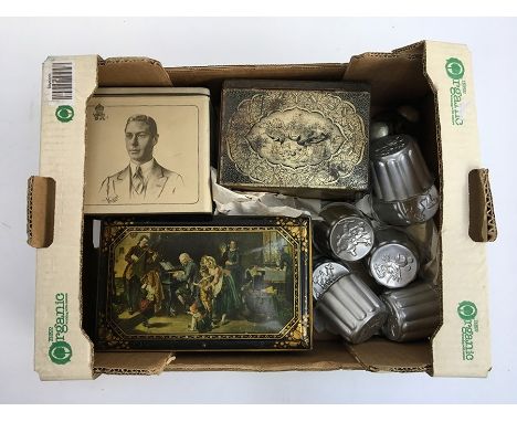 A vintage tea caddy decorated with ostriches and giraffe, together with a vintage tea caddy George VI and Elizabeth, assorted