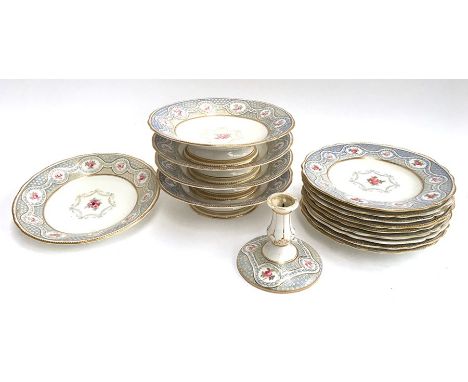 A lot of Copeland china to include nine sideplates, five soup bowls, and a candlestick
