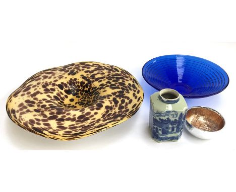 Studio glass to include a blue fruit bowl, 30cmD, one other, and a Chinese tea caddy