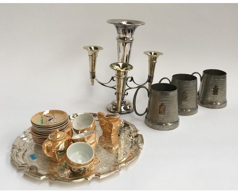 AN EPNS vase, together with three Royal Hussars pewter mugs, and a small ceramic tea service