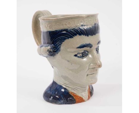 Prattware Admiral Rodney character jug, circa 1790-95, of small size, relief moulded inscription around rim, facial features 