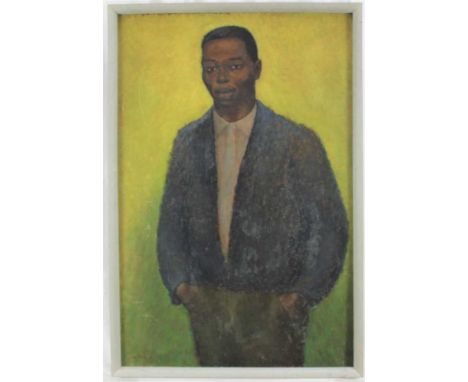 Joseph Robinson (1910- 1986) oil on board - standing man in blue blazer, signed and dated 61, 90cm x 60cm, framed, sold with 