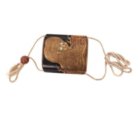 Japanese Meiji lacquered five section netsuke, finely decorated with a mountain lion, 8cm highCondition report: In good antiq