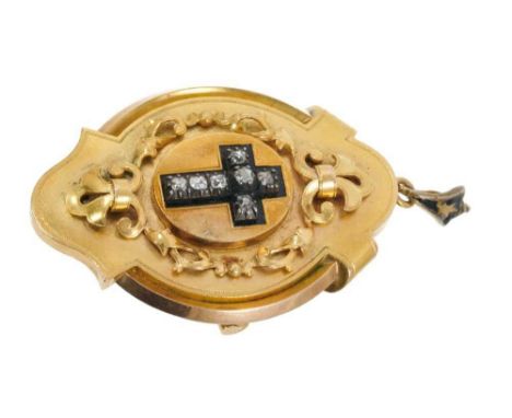 19th century gold enamel and diamond pendant /brooch with old cut diamond cross on black enamel ground, with applied gold scr
