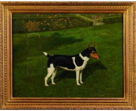 William Albert Clark (1880 - 1963) oil on canvas, A black and white Jack Russell named Flusie standing by a croquet hoop in a