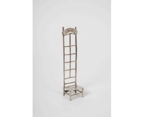 Unusual silver Mackintosh-style miniature chair with tall ladder back, hammered seat on short legs - marked 'silver' 17.2cm h