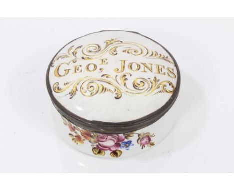 A South Staffordshire enamel snuff box, of circular waisted cushion from, the hinged cover inscribed 'Geo,e Jones', circa 176