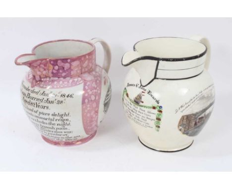 Two 19th century Sunderland pottery jugs, one with pink lustre, decorated with a Masonic panel and a view of the Cast Iron Br