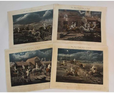 Henry Alken, set of four early 19th century hand coloured stipple engravings by J. Harris - The First Steeple-Chase on Record