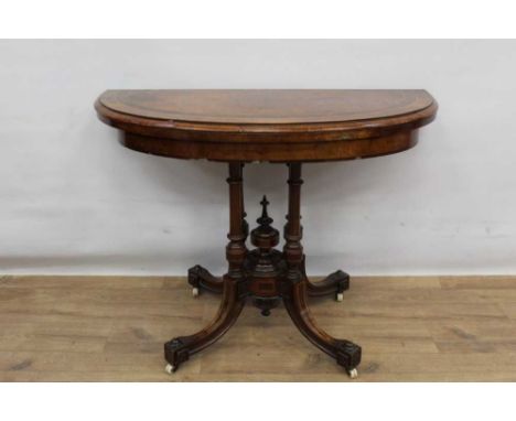 Victorian burr walnut crossbanded card table with demi-lune figured top enclosing baize playing surface, raised on column sup