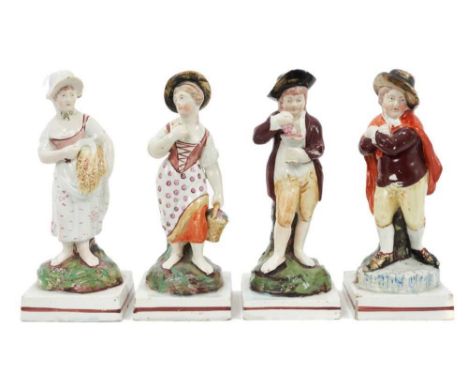 Set of four Staffordshire Pearlware-glazed figures, early 19th century, emblematic of the seasons, on red-lined square bases,