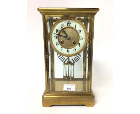 Late 19th century four glass mantel clock with mercury adjusted pendulum and striking on gong 30 cm high- key and pendulum pr