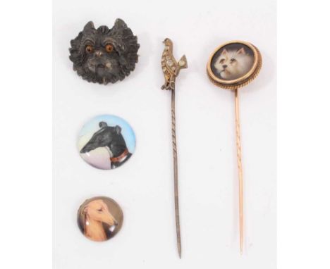 Victorian stick pin with painted enamel terrier, signed and dated to the reverse, in gold mount, another enamel plaque by the