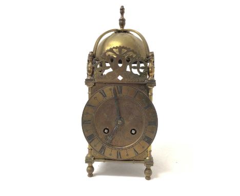 1930s Miniature brass lantern clock with French movement striking on bell, 25cm high