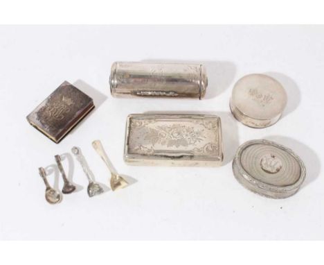 Selection of Swedish silver including a snuff box, match box holder, two pill boxes and four condiment spoons (various dates 