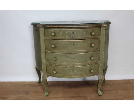 Antique green painted serpentine commode, with four graduated drawers on cabriole legs, 104cm wide x 54cm deep x 91cm highPro