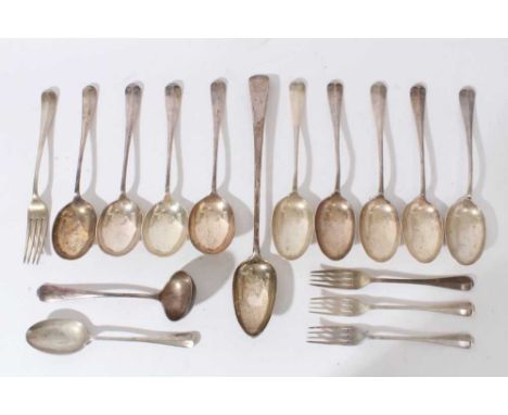 Miscellaneous group of 1920s silver Hanoverian Rattail pattern flatware, comprising 5 table spoons, 4 soup spoons, 3 dessert 