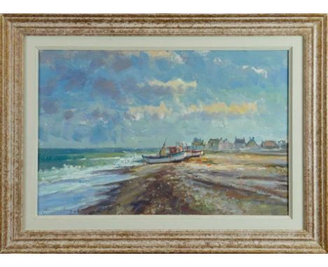 *Andrew King (b.1956) oil on board - Morning Light, Aldeburgh Beach, signed, 40cm x 60cm, framedProvenance: Thompson's Galler