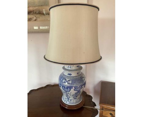 Chinese blue and white baluster vase lamp, total height with shade 83cm