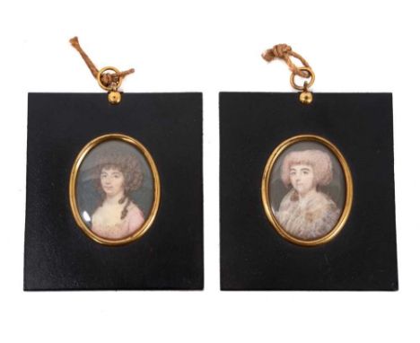 Pair of 18th century portrait miniatures on ivory, depicting two women, possibly sisters, each 4.6 x 3.7cm, in glazed papier 