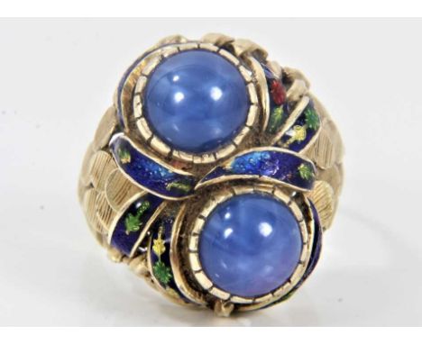 Unusual gold and enamel ring with two star cabochon blue stones, ring size T.Condition report: Probably 14ct gold, weighs app