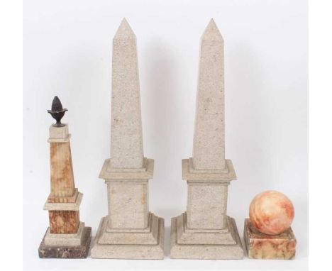 19th / 20th century reeded obelisk with urn mount, on stepped plinth, 31cm high, together with a pair of stone obelisks and I