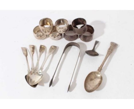 Selection of miscellaneous 19th/20th century silver including seven napkin rings, pair sugar tongs and other flatware (variou