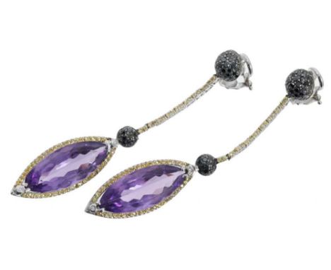 Pair of diamond and amethyst pendant earrings, the marquise cut amethyst drop surrounded by yellow stones, and white diamond 