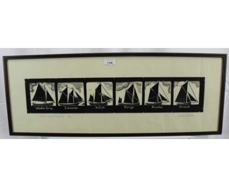 James Dodds (b.1957) signed limited edition print - East Coast Boats, 18/75, 27cm x 76cm, in glazed frame