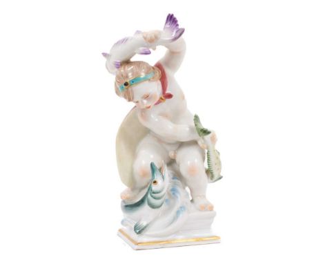 Meissen figure representing Pisces, from a series of the Zodiac, in the form of a boy on the crest of a wave, holding two fis