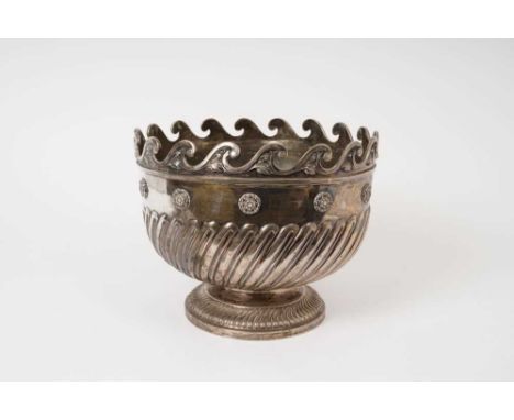 Late Victorian silver Monteith of half wrythen form, with applied Rose motifs and wave border, on a circular base (London 189