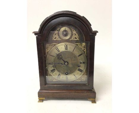 1930s Georgian-style Elliot bracket clock with Westminister chimes in mahogany case with arched gilt and silvered dial, 35cm 