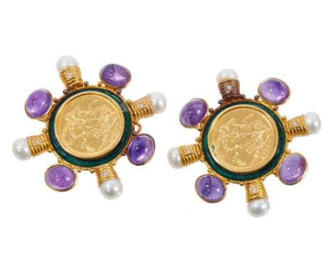 Unusual pair of gold sovereign brooches in gold and green enamel mounts with cultured pearls, diamonds and cabochon amethysts