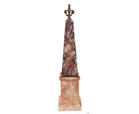 19th / 20th century scagliola obelisk with gilt metal cresting, raised on tortoise supports and marble plinth, total height 6