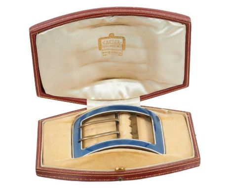 Cartier silver and guilloché enamelled buckle with blue ground and white enamel border, signed 'Cartier Paris', French contro