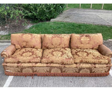 Large country house sofa, with square back and deep seat raised on castorsCondition report: 262 cm long, 104 cm deep, 69 cm h